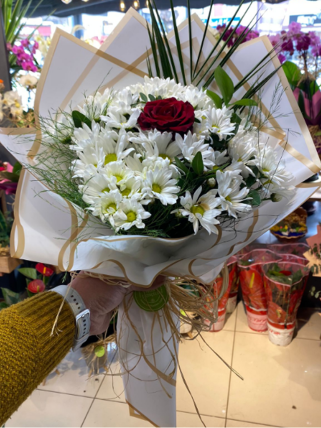 Beyaz Papatya İçinde Tek Kırmızı Gül