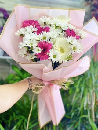 Beyaz Papatya ve Pembe Gerbera Buketi