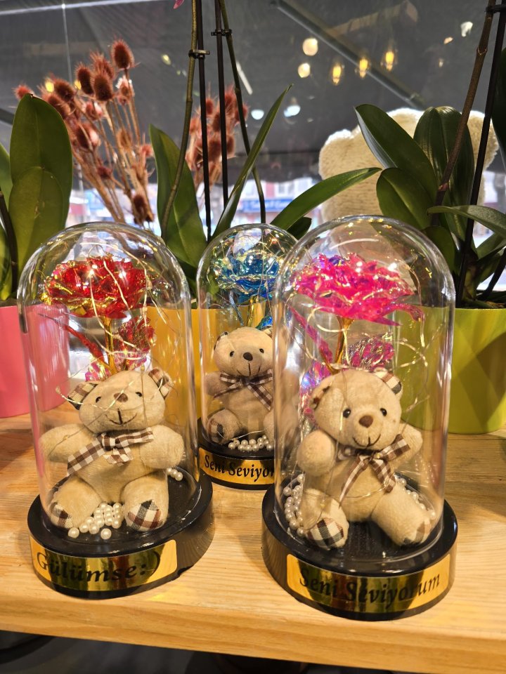 Fanusta Işıklı Sonsuzluk Gülü ve Peluş Ayıcık