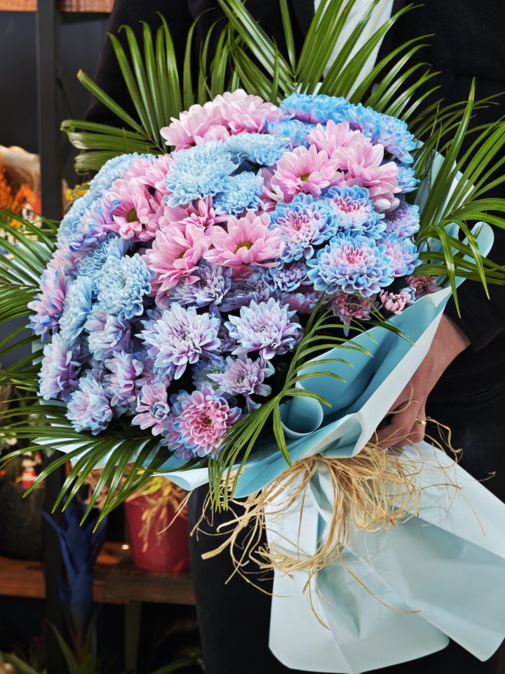 Mavi Papatya ve Krizantem Çiçekleri Buketi